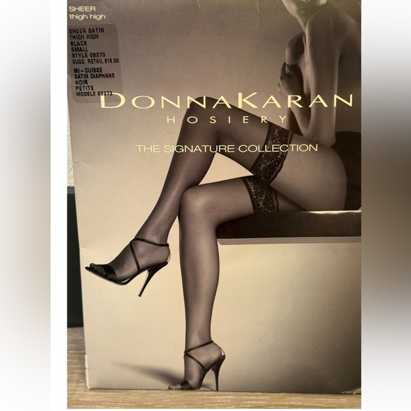 Donna Karan Hosiery Signature Sheer Black Satin Thigh Highs lace Style-0B273 P/S - Picture 3 of 11